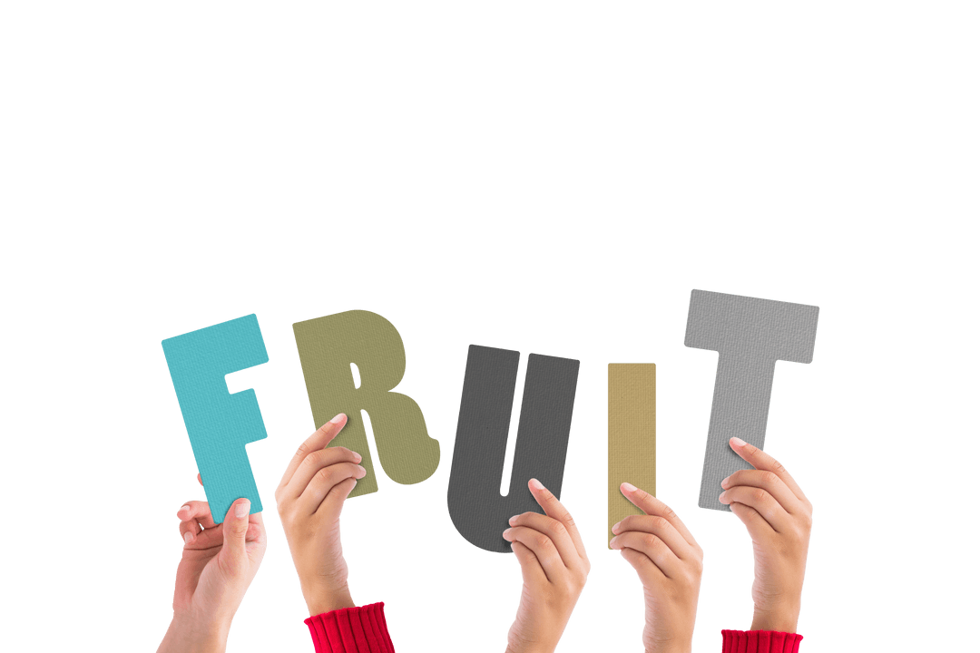 Hands Holding Colorful Fruit Text on Transparent Background