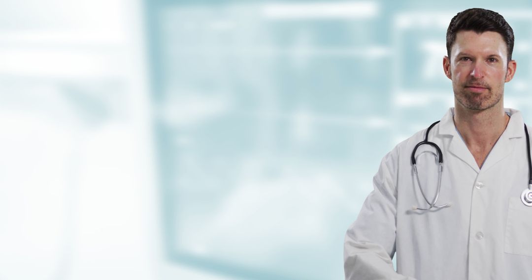 Caucasian Doctor with Stethoscope on Light Blue Background with Copy Space