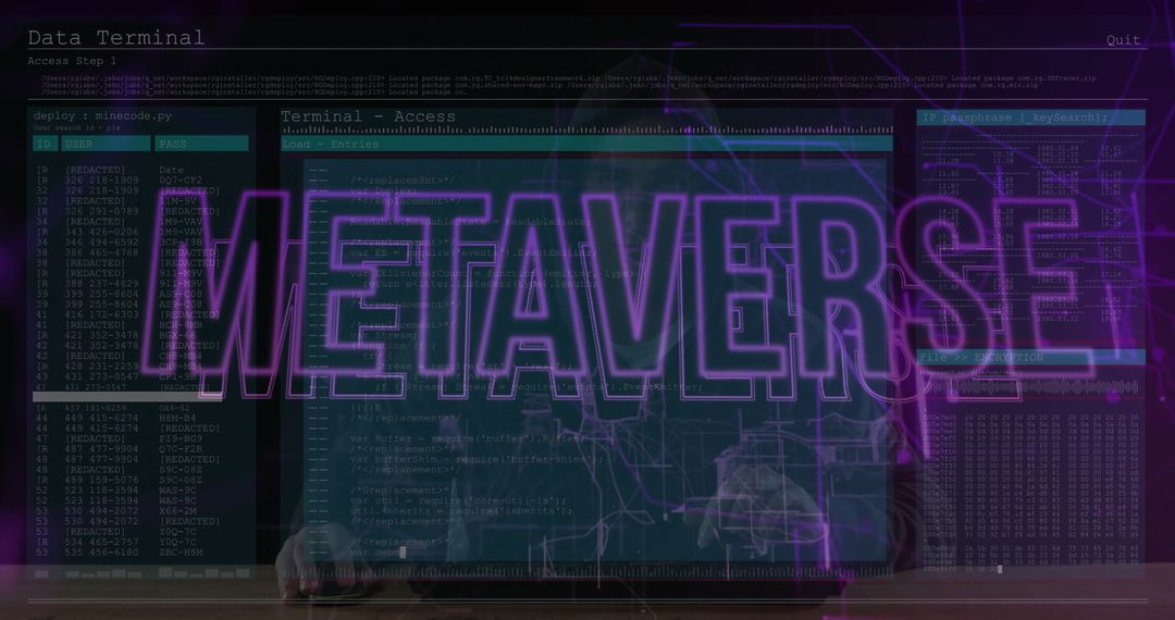 Cybersecurity Expert in Hoodie Typing on Metaverse Access Terminal