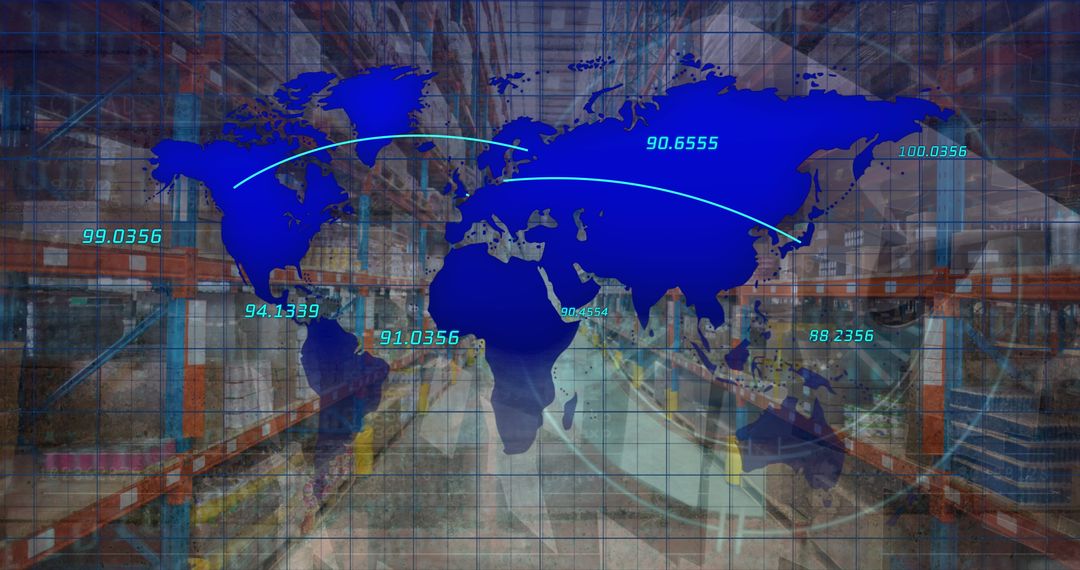 Digital World Map with Global Communication Overlay in Warehouse