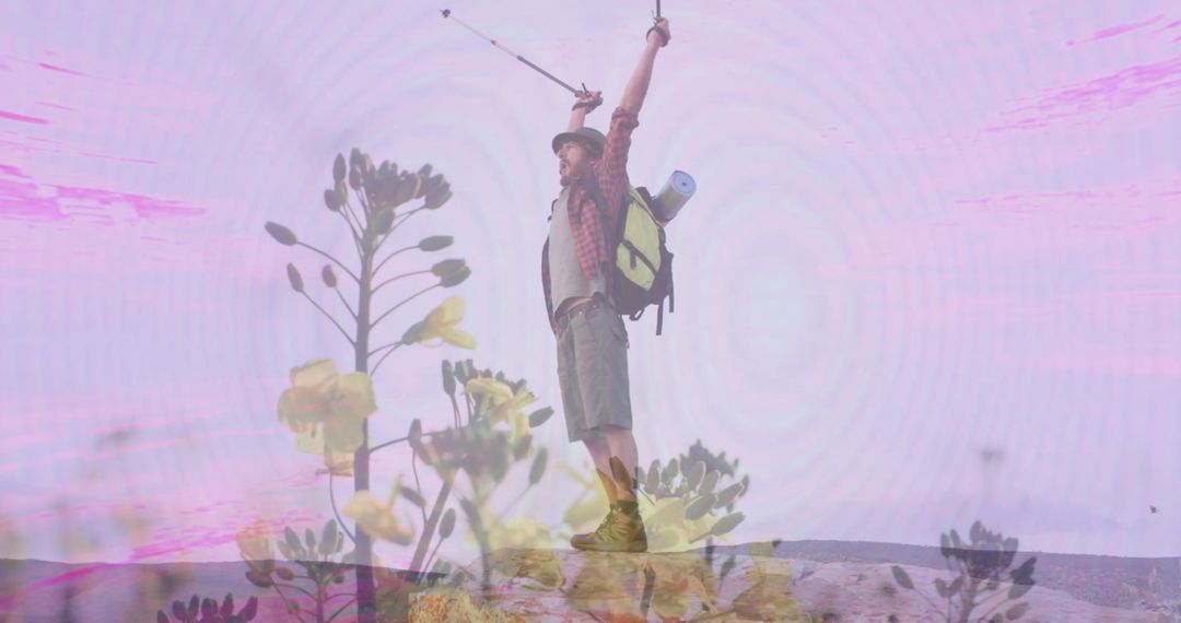 Jubilant Hiker Exploring Vast Pink Landscape