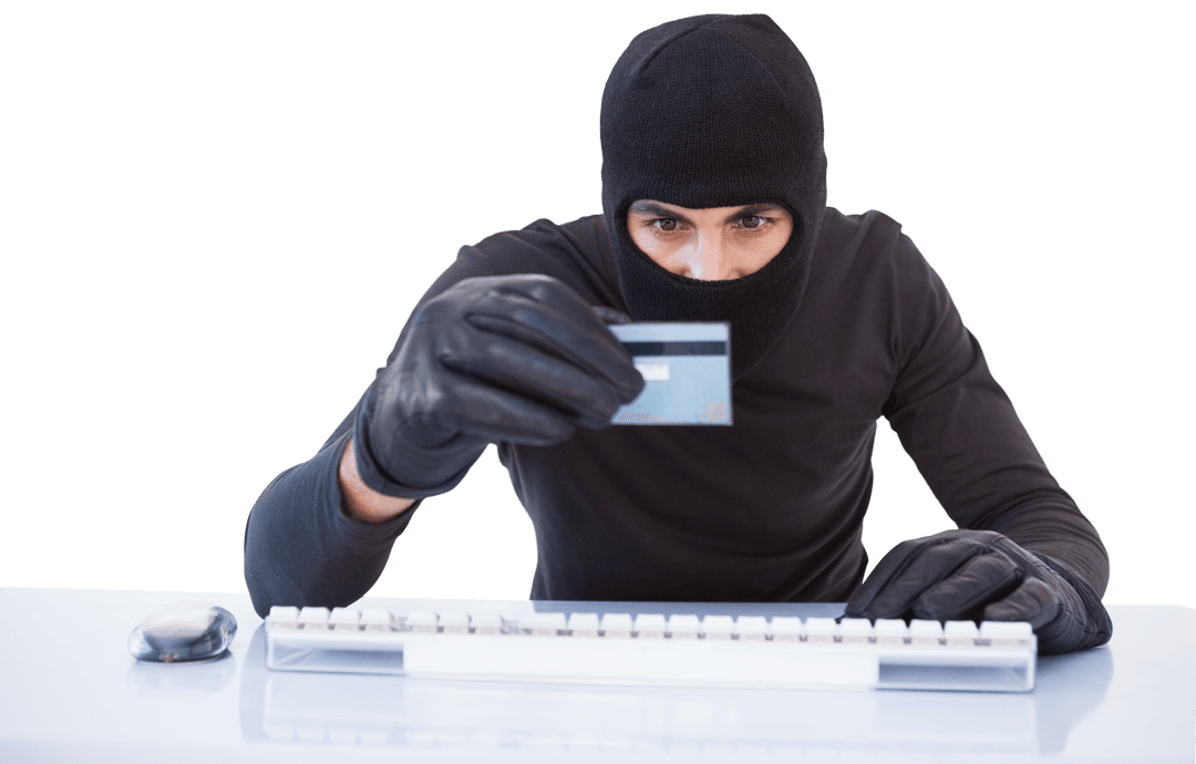 Transparent Focused Thief in Balaclava Holding Credit Card