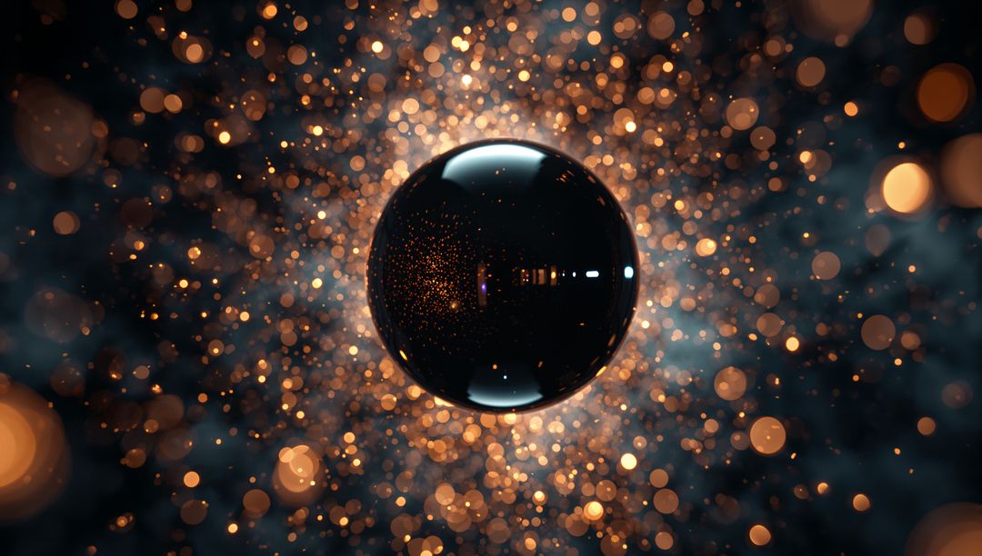 Glowing Golden Bokeh Particles Around Black Sphere in Abstract Space