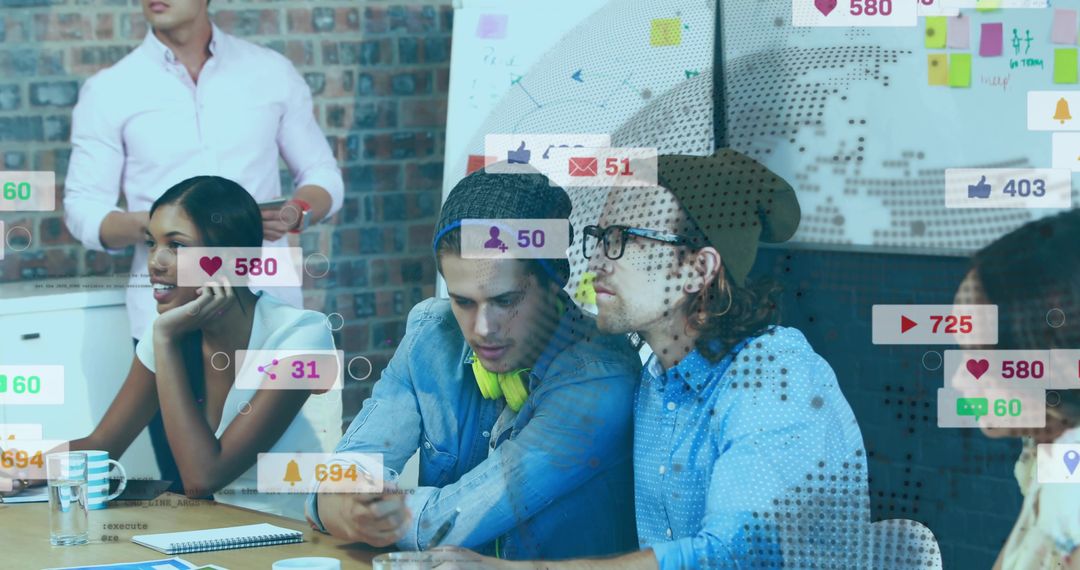 Collaborating startup team brainstorming with smartphone, whiteboard, social media analytics