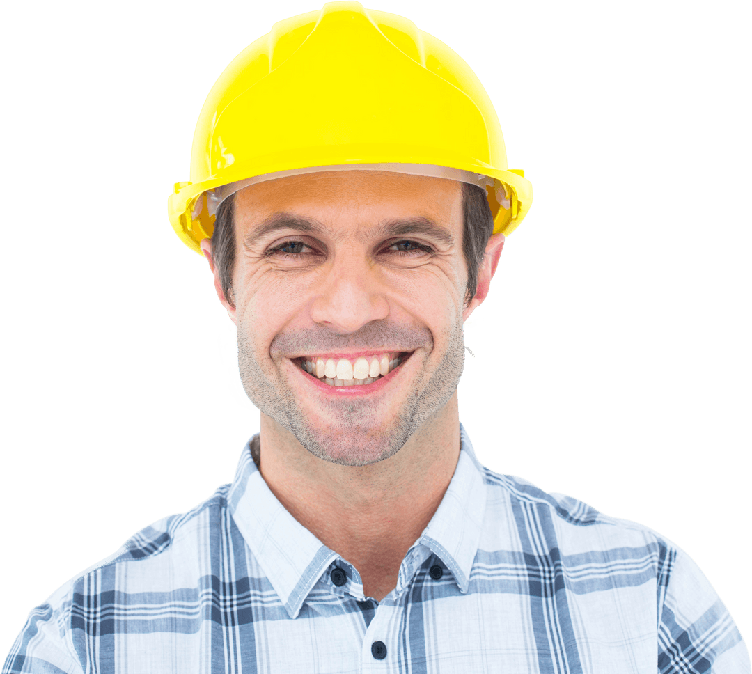 Transparent Portrait of Smiling Engineer Wearing Yellow Hard Hat