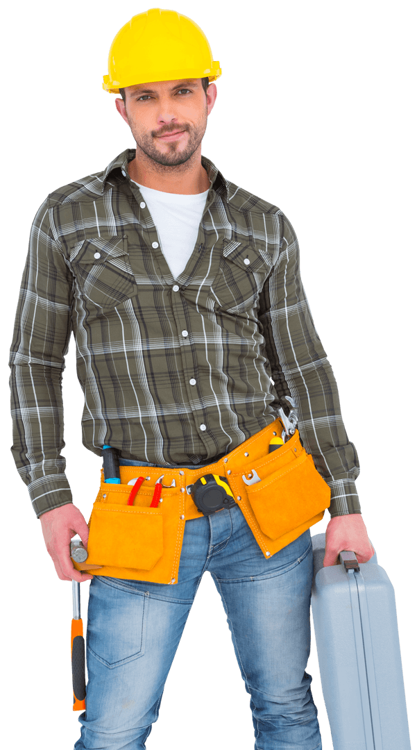 Confident Repairman with Toolbox and Hammer on Transparent Background