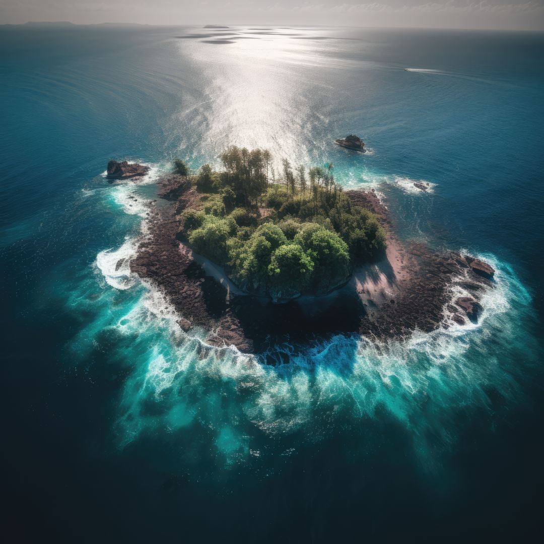 Aerial view of island in sea, with sand, rocks and trees, created using generative ai technology - Free Images, Stock Photos and Pictures on Pikwizard.com