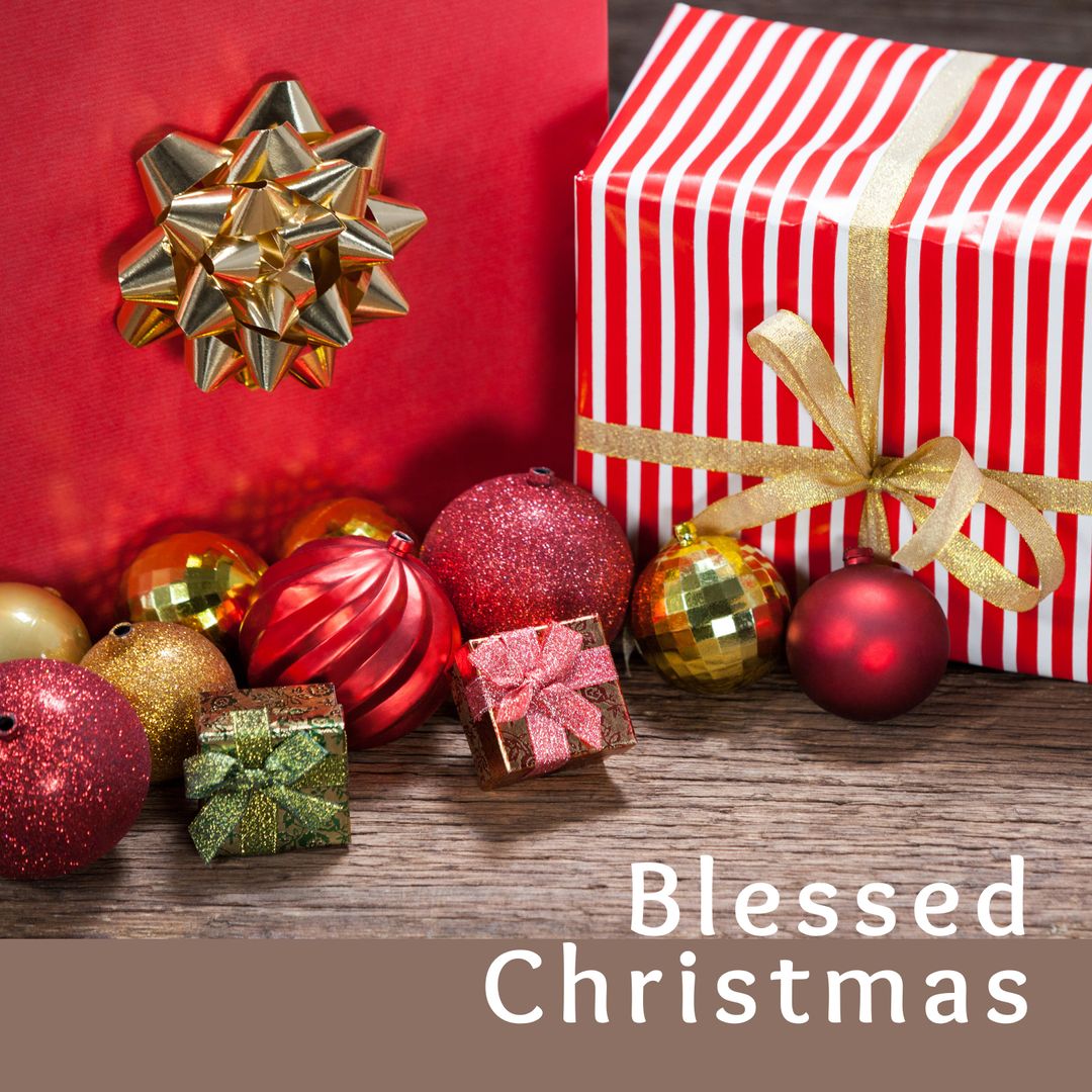 Festive Christmas Gifts and Ornaments on Wooden Surface