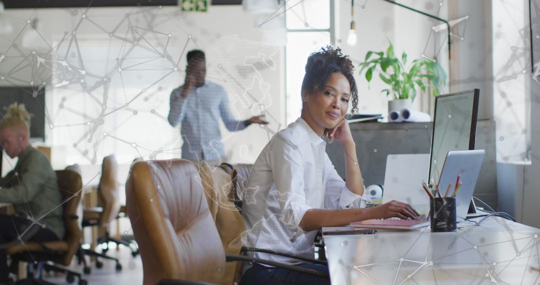 Digital Interface in Modern Office with Smiling Businesswoman