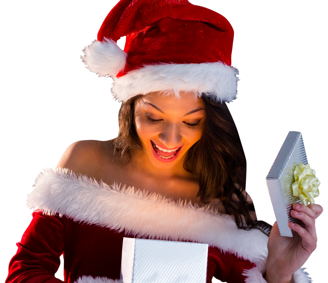 Happy Woman with Santa Hat Opening Present on Transparent Background - Download Free Stock Images Pikwizard.com