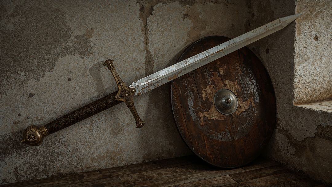 Medieval Sword and Shield Displayed Against Rustic Wall