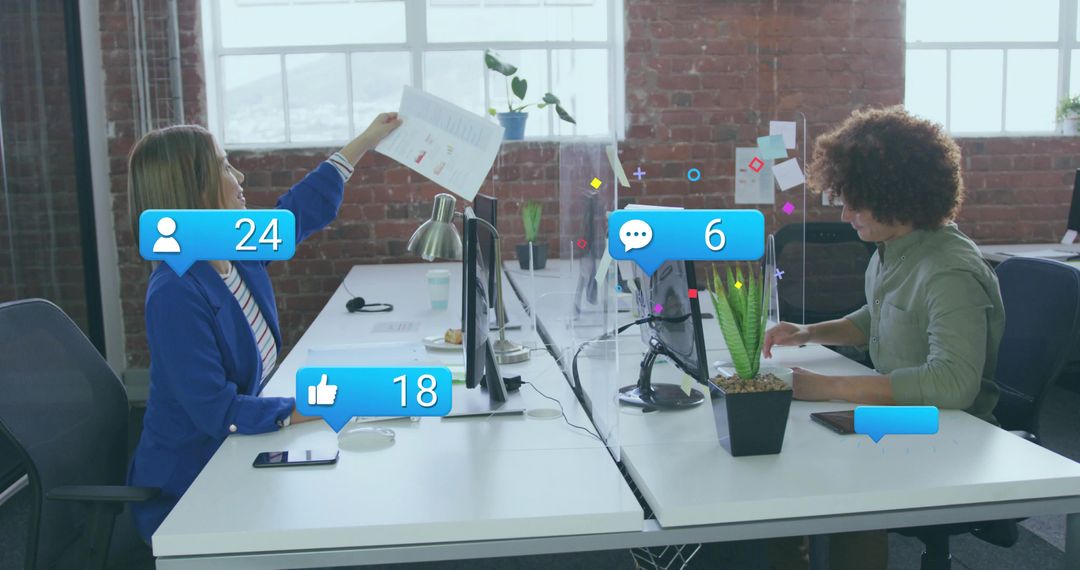 Office Workers Collaborating with Social Media Integration