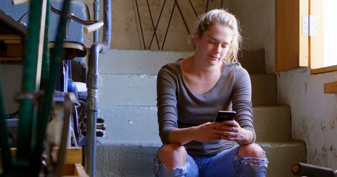 Young Woman Sitting on Staircase Using Smartphone - Free Images, Stock Photos and Pictures on Pikwizard.com