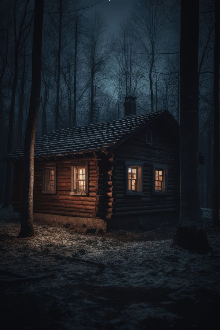 Cozy Cabin in Snowy Forest at Night with Warm Lighting - Free Images, Stock Photos and Pictures on Pikwizard.com