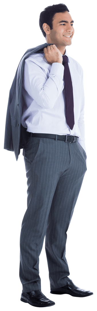 Smiling Biracial Businessman Standing with Jacket on Shoulder