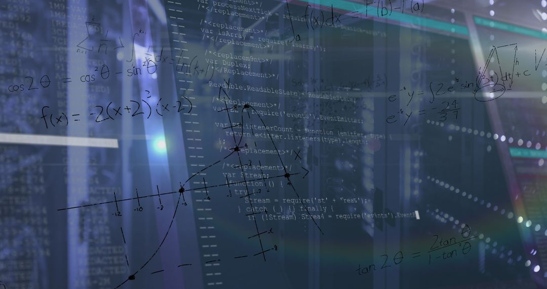 Digital Code and Math Formula Overlay on Server Racks in Data Center