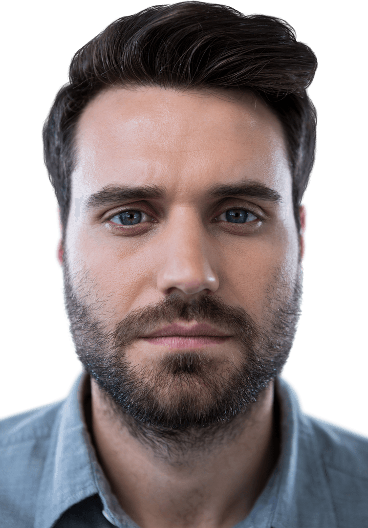 Pensive Caucasian Man with Beard on Transparent Background
