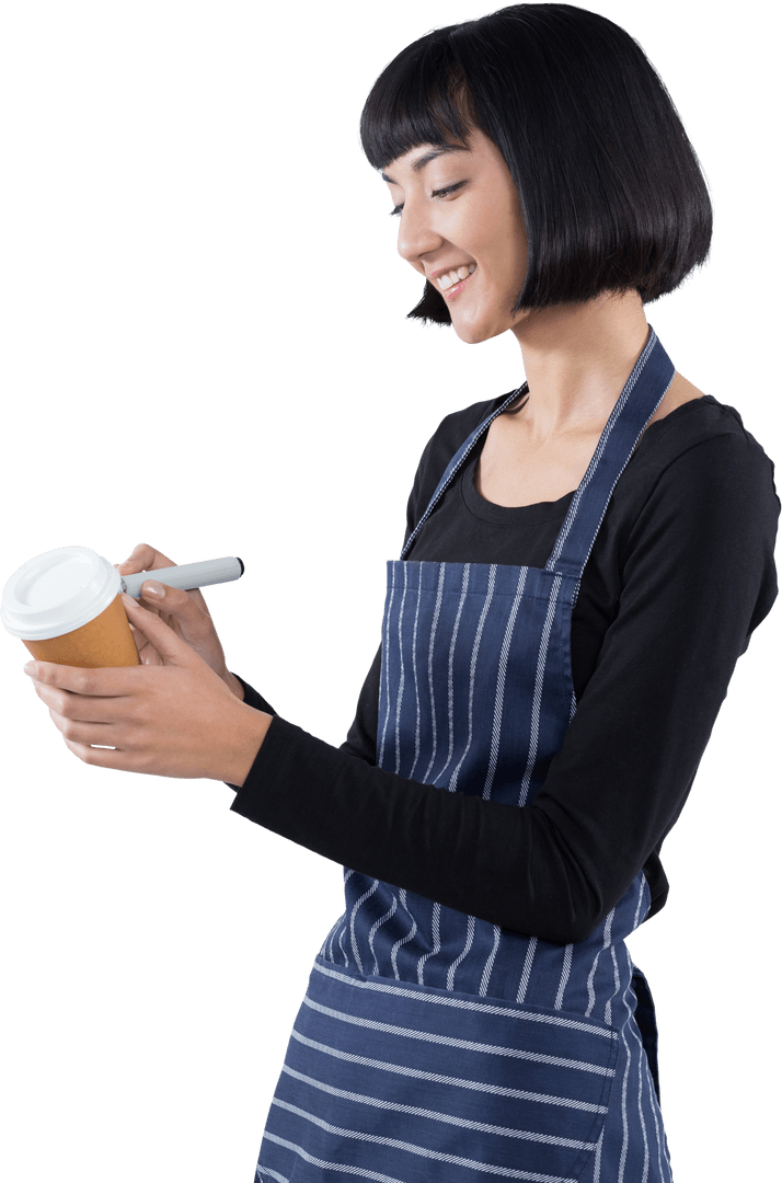 Smiling Waitress Writing on Transparent Disposable Coffee Cup