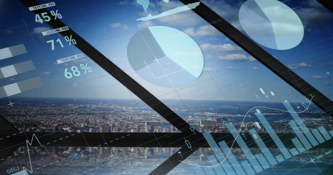 Digital Interface Charts Over Cityscape with Blue Sky