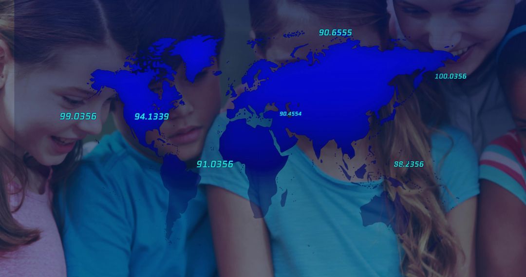 Students and Mentor Exploring Interactive Display with World Map Overlay