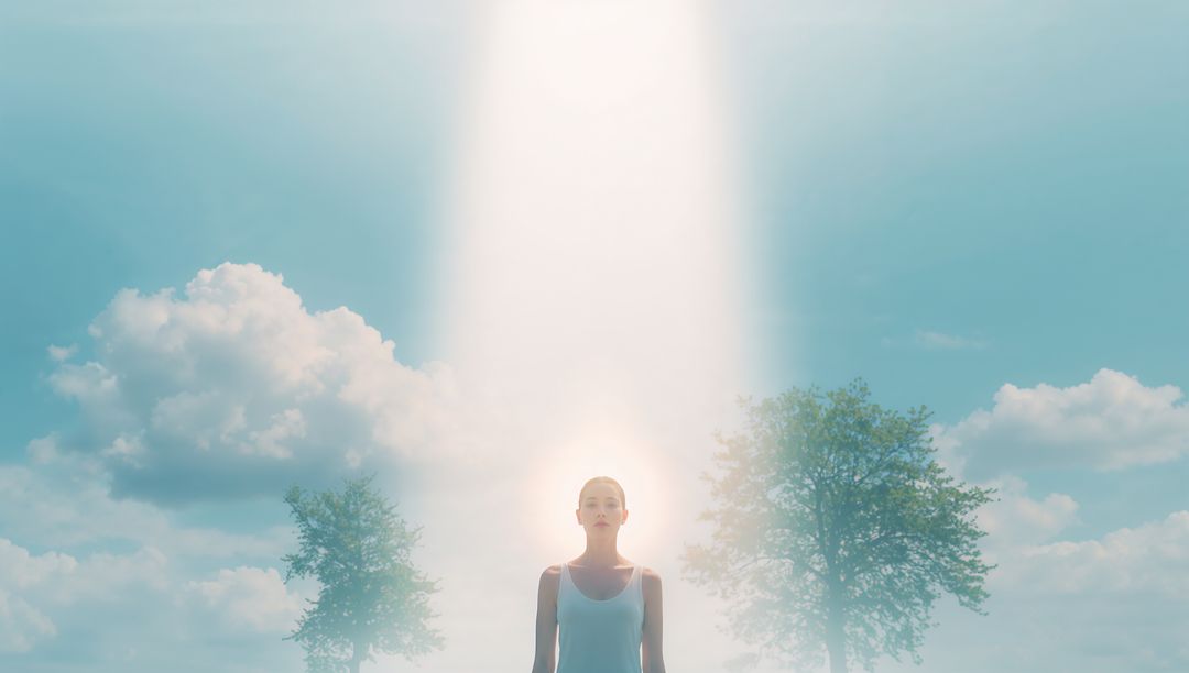 Ethereal woman bathed in vertical light beam between trees, surreal outdoor portrait