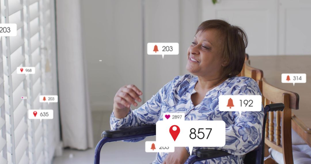 Senior woman in wheelchair smiling by sunlit window with smart notifications and connection