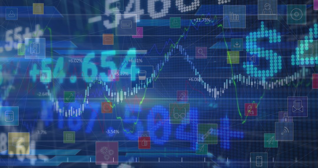 Financial Data Processing with Digital Icons over Blue Stock Market Background