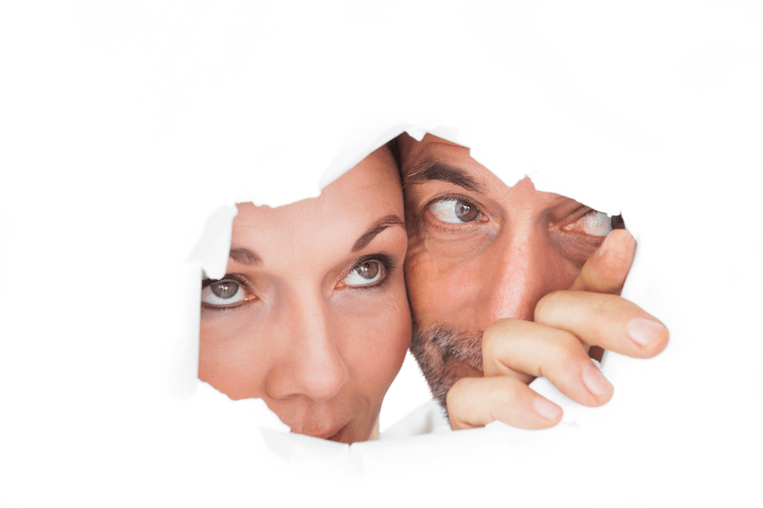 Curious Couple Peering Through Torn White Transparent Paper