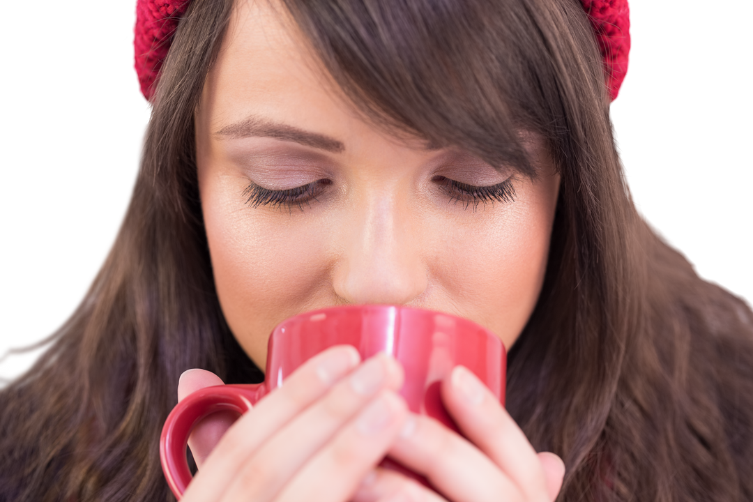 Close-up Festive Brunette Enjoying Hot Drink Transparent Background - Download Free Stock Images Pikwizard.com