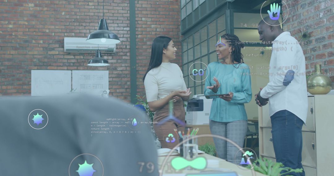 Diverse Team Engaging in Technical Discussion with Futuristic Interface