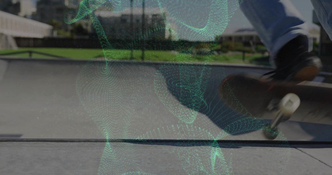 Skateboarder Performing Trick in Concrete Bowl with Green Digital Mesh Overlay, Motion