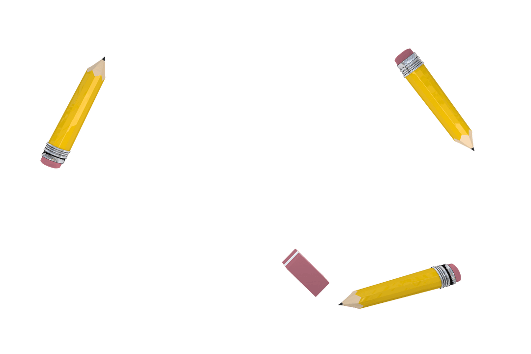 Floating Pencils and Eraser on Transparent Background