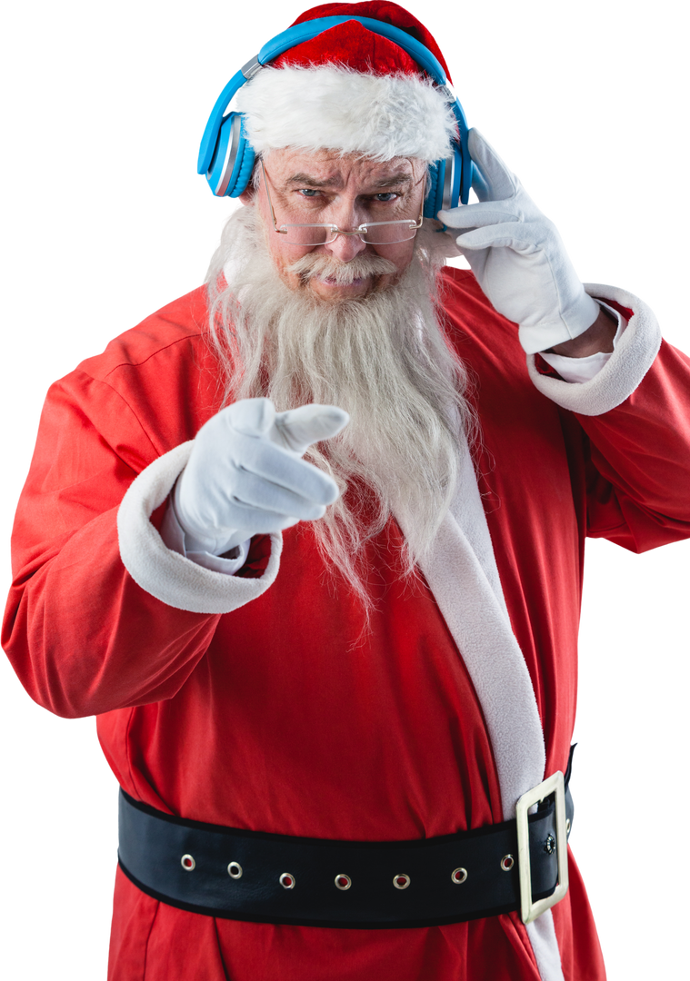 Transparent Santa Claus Enjoying Music with Blue Headphones While Pointing - Download Free Stock Images Pikwizard.com