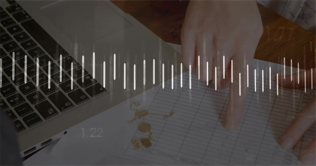 Analyzing financial spreadsheet with laptop and waveform overlay showing data analytics