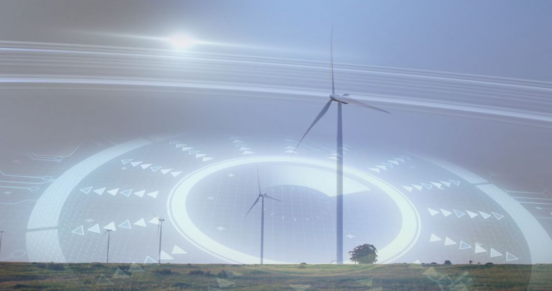 Futuristic wind turbines with digital ui overlays in rural landscape