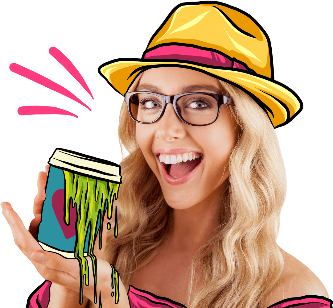 Joyful Woman with Hat Holding Abstract Neon Cup on Transparent Background