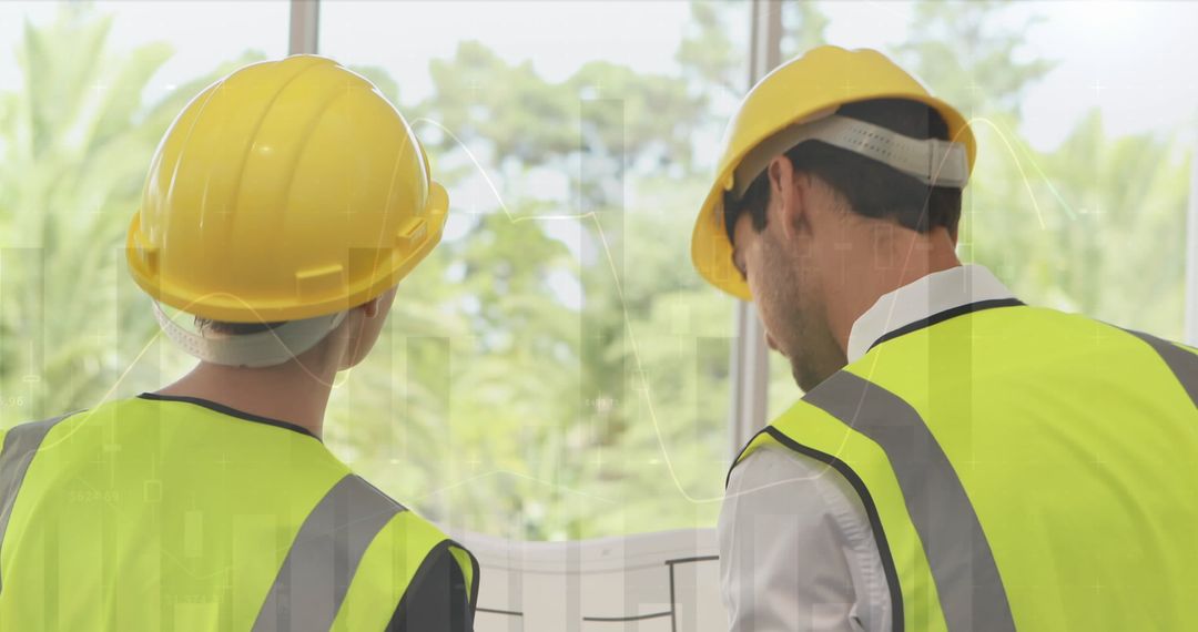 Architects Analyzing Blueprints at Construction Project with Data Overlay