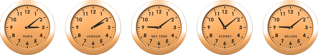 International Clocks Displaying Global Times on Transparent Background
