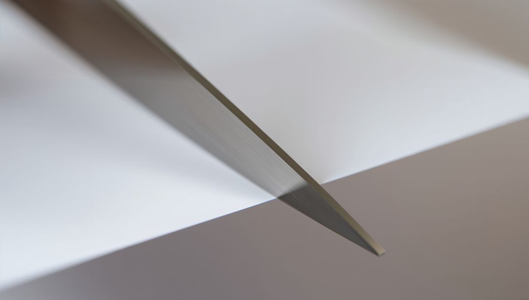 Minimalist Macro of Sharpened Steel Blade Tip Slicing Light Surface with Soft Shadow