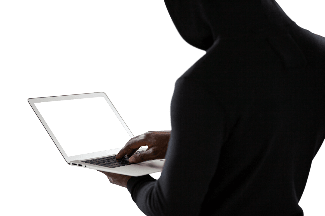 Male Hacker in Black Hoodie Using Laptop with Transparent Background