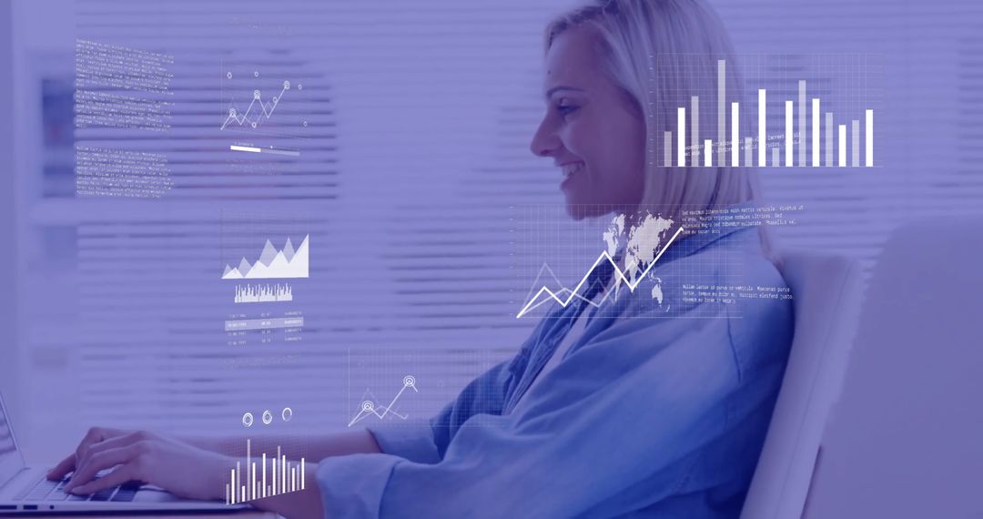 Businesswoman Analyzing Financial Data on Laptop with Graph Overlays