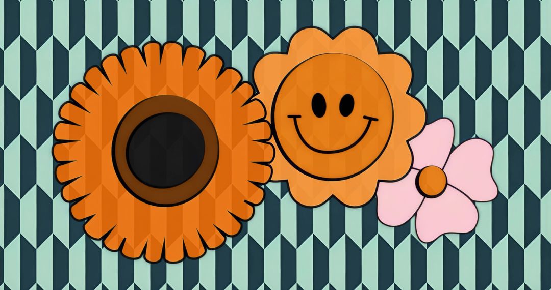 Playful retro geometric pattern featuring orange daisy, smiley flower and pink blossom art