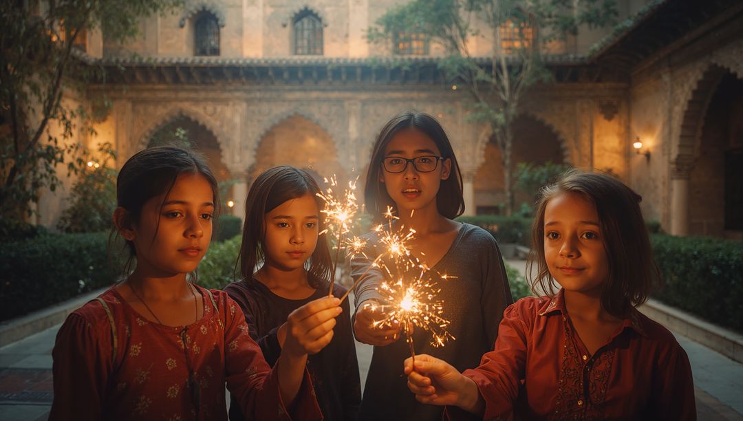Kids with Sparklers Celebrating Friendship in Moorish Courtyard