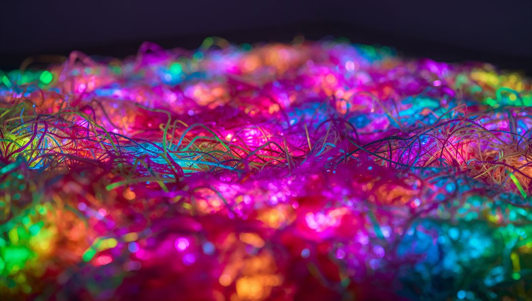 Glowing Tangled Fiber Carpet in Neon Colors Creating Iridescent Tinsel Light Texture
