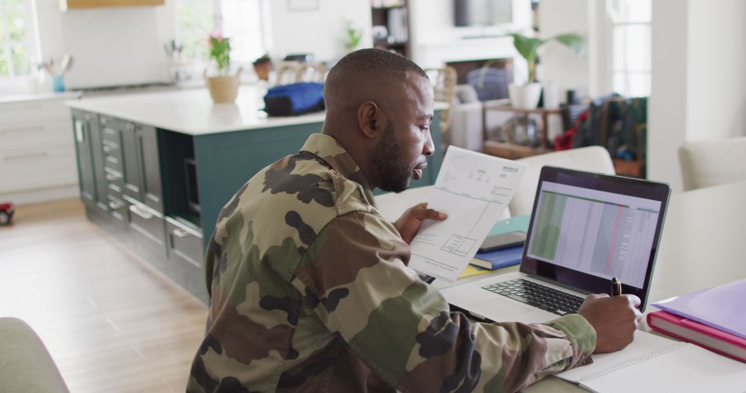 Military Man Working from Home on Laptop and Documents - Free Images, Stock Photos and Pictures on Pikwizard.com