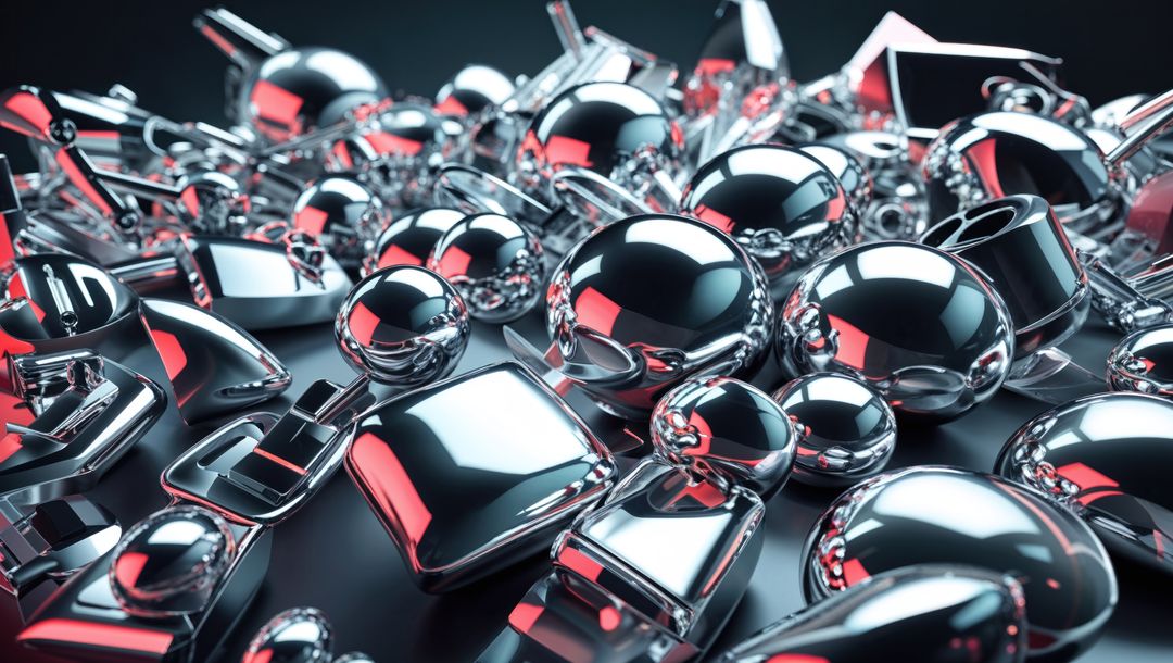 Futuristic chrome spheres and prisms reflecting red and white light in a crazy display