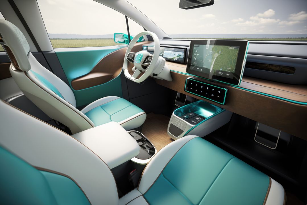 Interior of electric car with green and white seats, created using generative ai technology - Free Images, Stock Photos and Pictures on Pikwizard.com