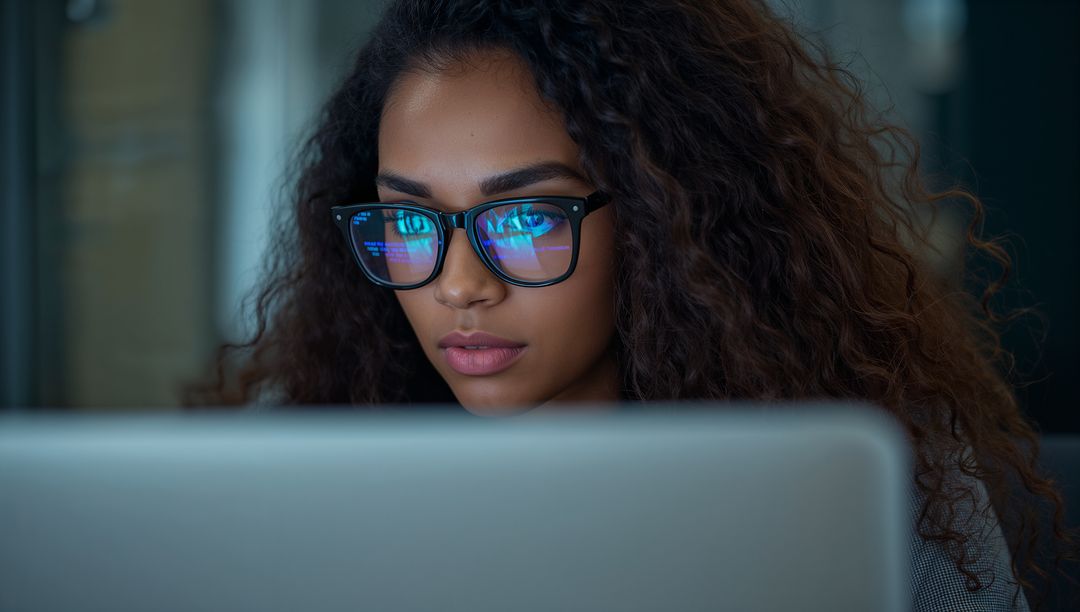 Focused Professional Reviews Code on Laptop in Modern Office