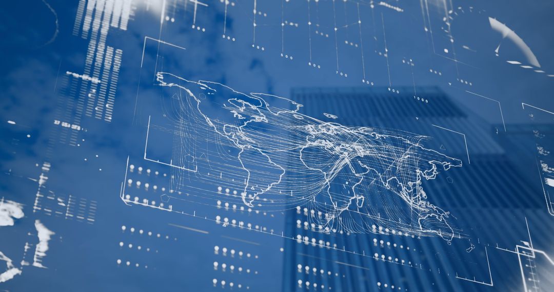 Futuristic Digital World Map Interface Overlaying Cityscape