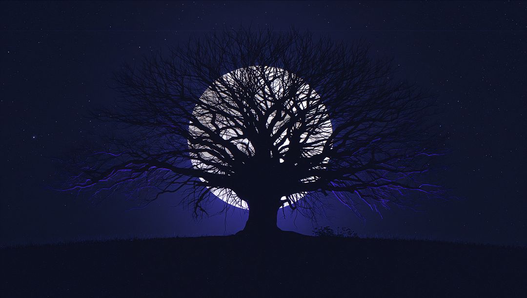 Full Moon Illumines Majestic Tree Silhouette with Starry Night